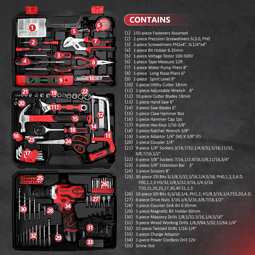 KingTool 276-Piece Tool Set Kit - Tool kit with 12V Cordless Power Drill Driver Toolbox