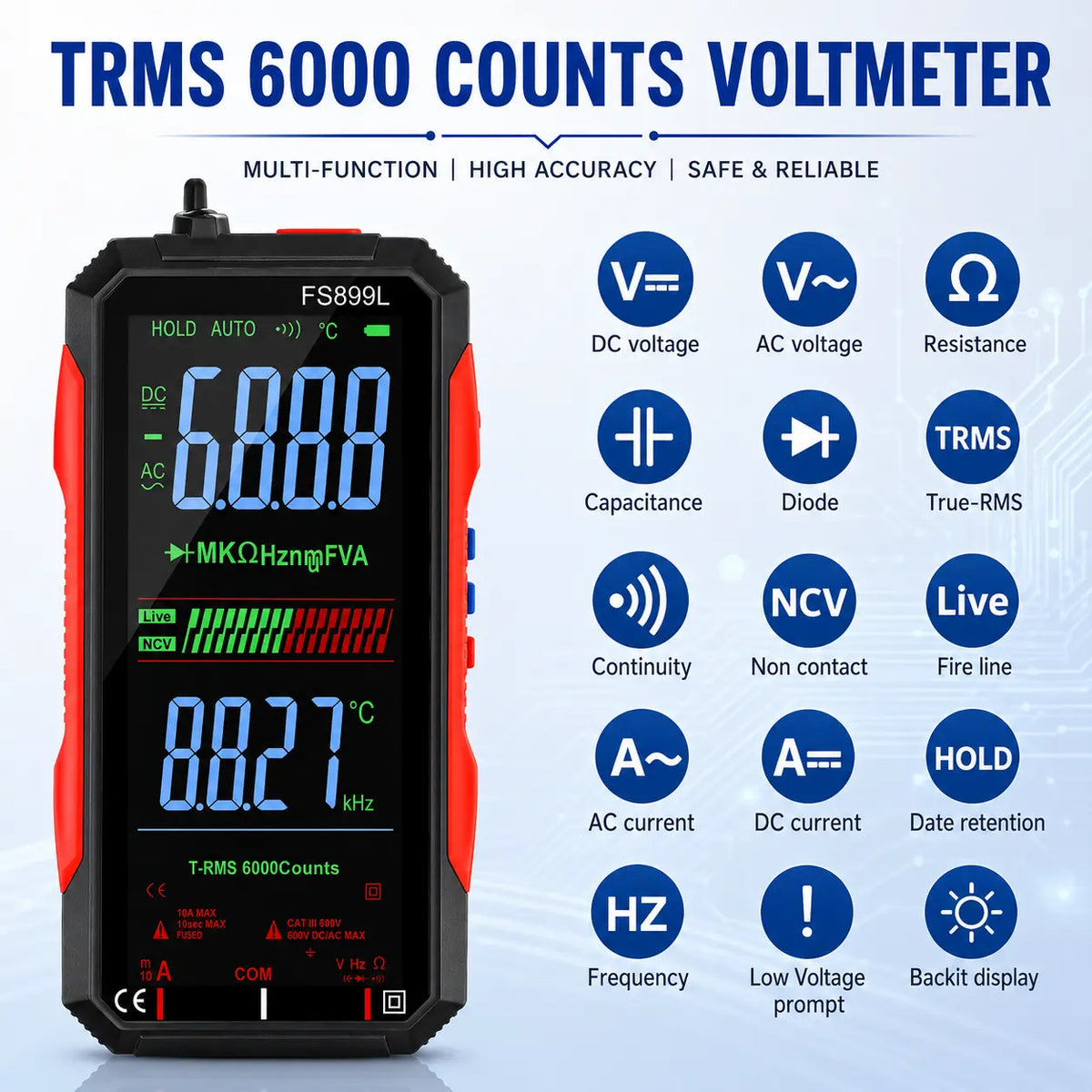 Rechargeable, Auto-Ranging, NCV Voltage Tester with Live/Neutral Wire Detection