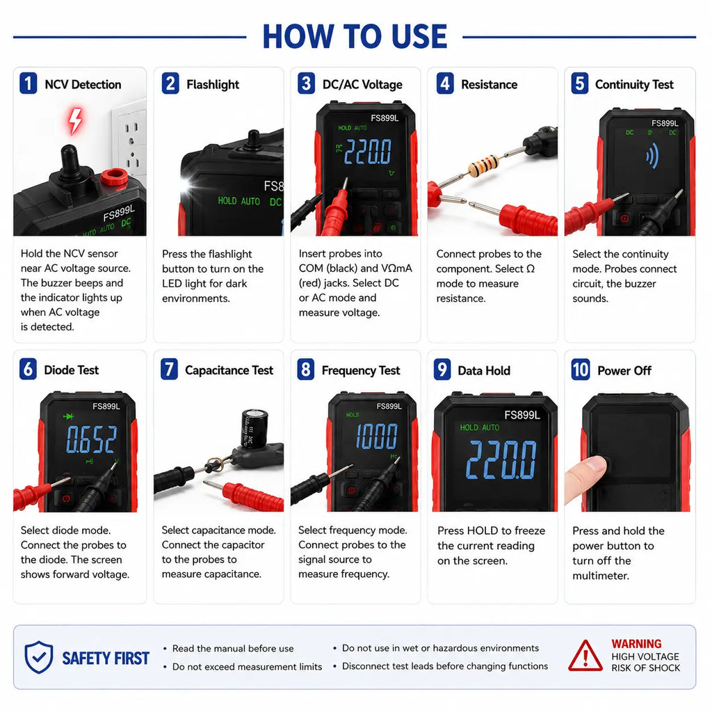 Rechargeable, Auto-Ranging, NCV Voltage Tester with Live/Neutral Wire Detection