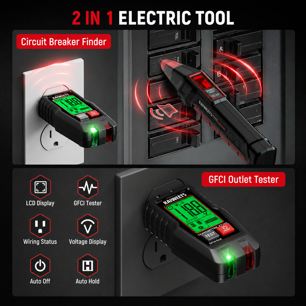 Digital Circuit Breaker Finder with LCD, GFCI & NCV Tester Kit